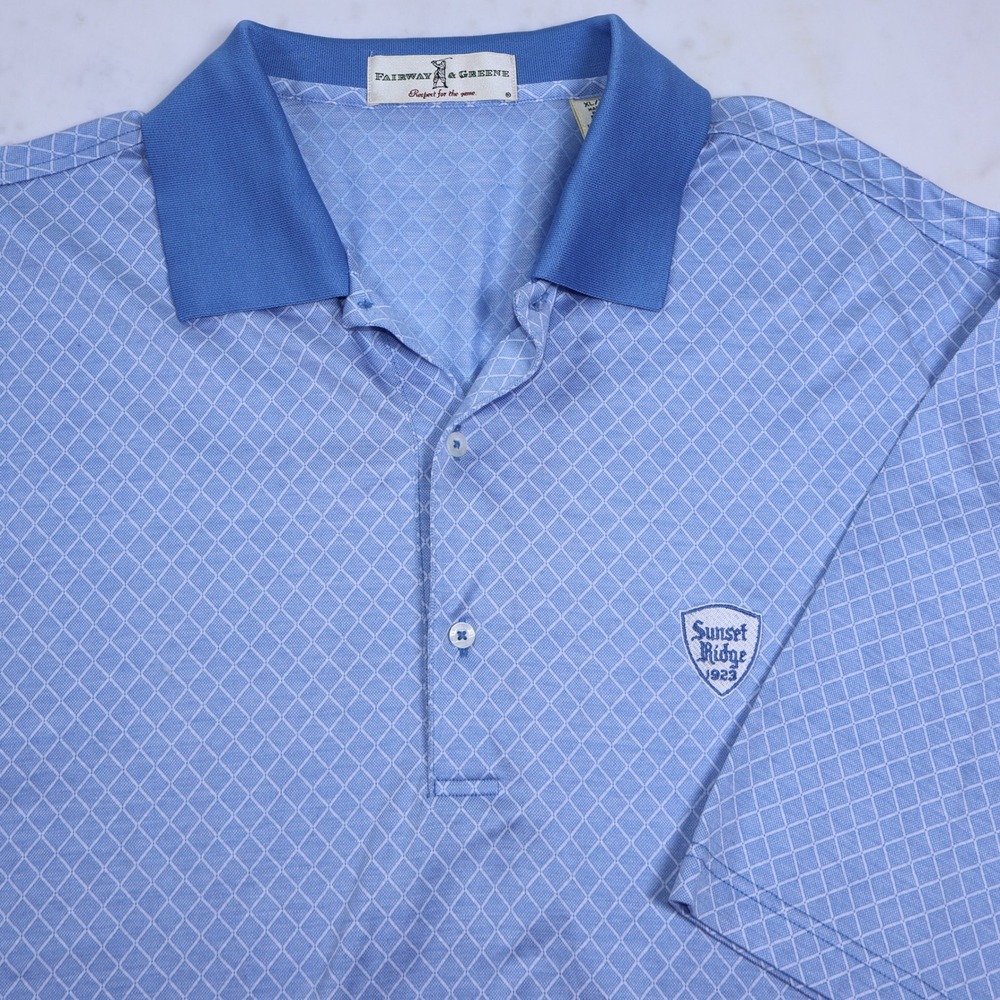 Fairway & Greene Mens XL Blue Diamond Grid Cotton Polo Shirt Sunset Ridge 1923
